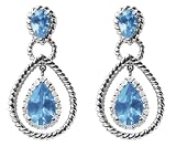 14k White Gold Coated Blue Topaz and Diamond Pear Shaped Dangle Earrings
