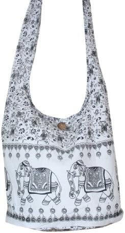 Shoulder Bag Cotton Elephant Heart Print Sling Bag Purse Cross body Messenger Purse Hippie Hobo Color White