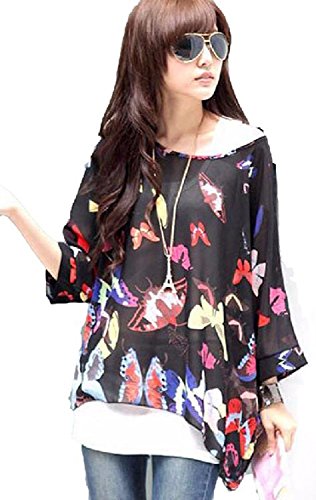 (WaterBear) 黒地に蝶が舞う　オシャレなドルマン　チュニック　フリーサイズ　着痩せ