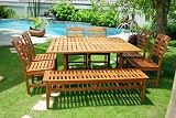 8PC 60in SQUARE DINING TABLE, SIX CHAIRS, AND BENCH-Patio Outdoor Garden Furniture Teak Shorea