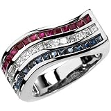 14K White Gold Sapphire, Ruby and Diamond Flag Ring