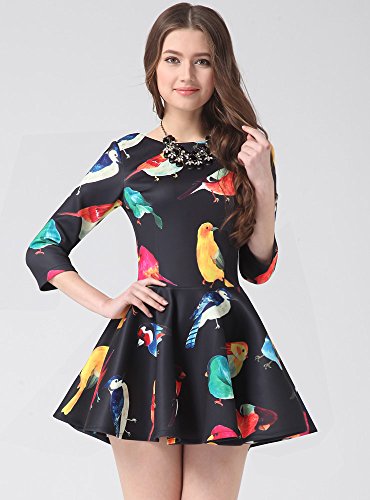 - eriira - 2015 春 癒される ことり柄 スプリング ワンピース / Aライン 七分袖 ミニ丈 切り替え