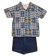 Boys 3pc Navy Plaid Patchwork Overshirt Denim Short Set ~ Size (2T- 7)