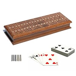 3 Track Medium Stained Solid Oak Wood Cribbage Board with Metal Pegs, 2 Decks of Cards, and Storage Area by WE Games