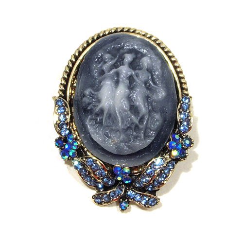 Blue Austrian Rhinestone Blue Color Dancing Lady Maiden Cameo Antique Brass-Tone Brooch Pin