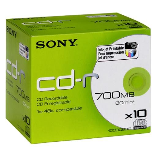 Sony - CD-R-Inkjet-Printable 48x, 700 MB nach ISO-9660-MODE-1, Jewel Case,10 CD-Rs mit je 80 Minuten