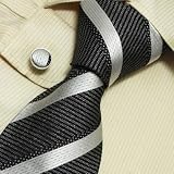 S4024 Designer Hand Made Black White Stripes Necktie Cufflinks Set with Gift Box Ties for Him Jacquard Woven Pure Silk Mens Tie and Cuff Links Gift Tie Set