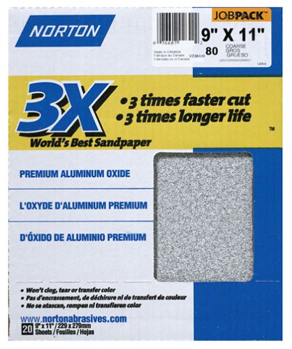 Norton Sandpaper 3X 80-Grit 9-by-11-Inch Sheets, 20-Sheets per Pack #2641