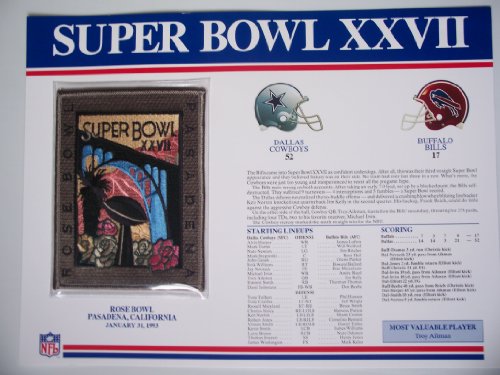 1992 Dallas Cowboys vs Buffalo Bills NFL Super Bowl 27 (XXVII) 1993 Troy Aikman MVP Willabee Ward Patch and Stat Panel Card