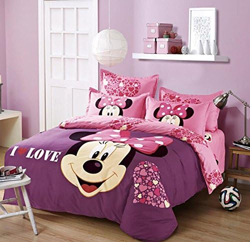 Disney Pattern Comforter Cover Set 4pc Cartoon Bedding Set Mickey Minnie Bed Sheet Quilt Pillow Cover (Queen, I Love U)
