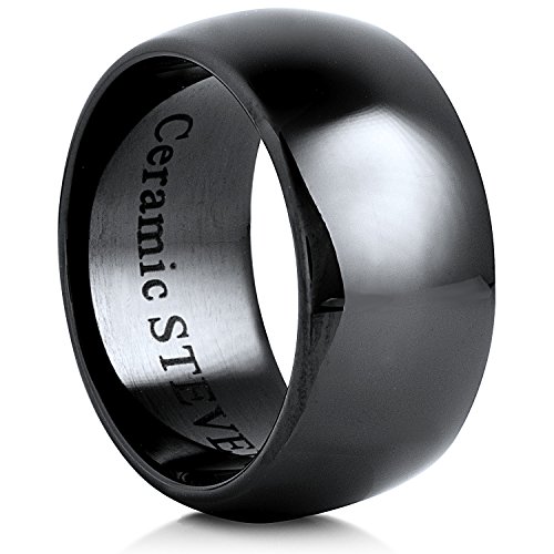 STEVEN G Black Ceramic Band Style Wedding / Fashion Ring 10mm Wide Domed High Polish Unisex Comfort Fit