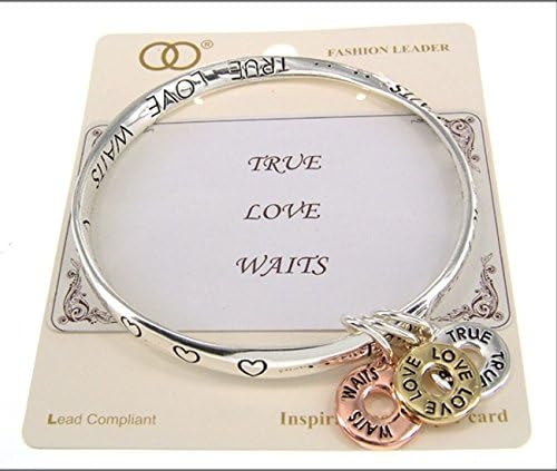 TRI-TONE TRUE LOVE WAITS CHARM BANGLE BRACELET - Silver,Gold, Rose Gold