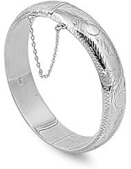 Sterling Silver Oval Shape, Engraving Design Bangle Bracelet with Safety Chain Dimension 60mm(2.4")