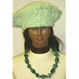 Green Beads Ethnic Short Chain Necklace for Women and Teens in Combination with Hand Crocheted Lime Green Chenille and Gimp Beret