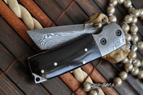 Custom Made Damascus Folding Knife Tanto Blade & Buffalo Horn Handle Custom Made Damascus Folding Knife Tanto Blade & Buffalo Horn Handle Hunting Knives