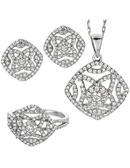 BRI Jewelry Sterling Silver Diamond Shape With Clear Cubic Zirconia Set - Pendant - Earring - Ring Size 7