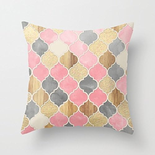 Silver Grey Soft Pink Wood Gold Moroccan Throw Pillow 16 x 16In Pillowcase