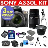 Sony A330L 10.2 MP Digital SLR Camera with 18-55mm f/3.5-5.6 Standard Zoom Lens + Sigma 70-300MM Macro Zoom Lens + High Definition .40X Super Wide Fisheye Lens + High Capacity Li-Ion Battery + 8 GB Memory Card + 50 Titanium Anodized Tripod + 6 Piece Accessory Kit + Deluxe Padded Camera Bag + Multi-Coated Glass UV Filter + Multi-Coated Glass Polarizer Filter + Multi-Coated Glass FLD Filter + 3 Year CELLTIME Warranty Repair Contract