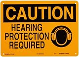 Brady 43471 14 Width x 10 Height B-555 Aluminum, Black on Yellow Ear Protection Sign, Header Caution, Legend Hearing Protection Required (with Picto)