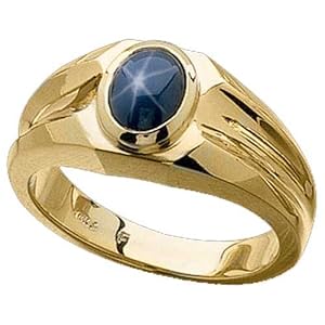 14K Yellow Gold Created Blue Star Sapphire Men's Ring