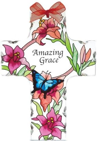 Joan Baker Designs SX2004 4-Inch by 5-1/2-Inch Butterflies/Lilies Art Glass Cross Suncatcher
