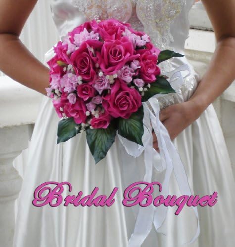 Love FUSCHIA PINK ROSES wedding bouquet bridal package bridesmaid groom boutonniere corsage silk flowers