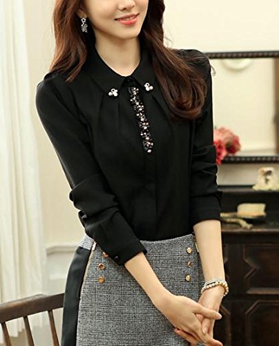 シャツ ブラウス ドレスシャツ 大きい サイズ 有 ビジュー シャツ 襟 付 トップス 長 袖 シンプル 黒 (オリジナル・ブレスレットとサシェセット)