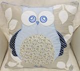 OWL BLUE BIRD FAUX SILK EMBROIDERED APPLIQUED 18" SHABBY CUSHION CHIC COVER PILLOW CASE SHAM