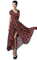 V-neck  Slit Summer General Print Chiffon/Cotton/Polyester Club Dress/Prom Dress/Party Dress/Maxi Dress  With Pearls