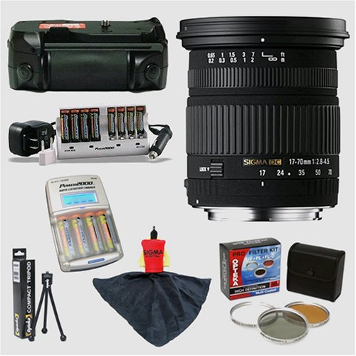 Sigma Zoom Super Wide Angle AF 17-70mm f/2.8-4.5 DC Macro Autofocus Lens & Opteka Battery Pack Grip & 12 AA Batteries with Chargers (32400 mAh Total) & Filters & Accessories for Sony Alpha DSLR-A100K DSLR-A100 Digital SLR Camera