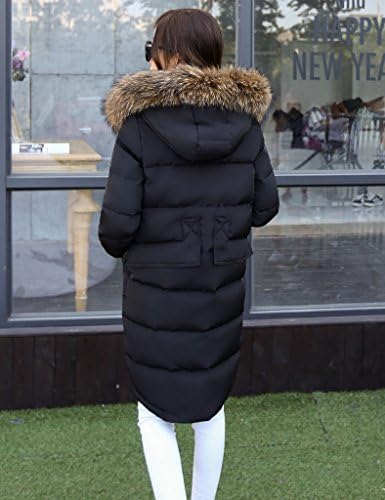 Melete Women's Long Down Jacket Winter Coat with Fur-Trimmed Hood Black-M