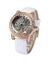 Rose Gold Crystal Case Peacock Lady Women White Leather Band Quartz Wrist Watch WK1144