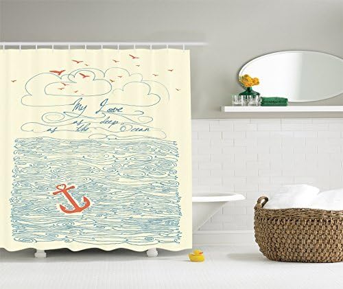 Think Yes My Love As Deep As the Ocean Nautical Anchor Ocean Waves Home Decor Bath Hand Drawing Effect Bathroom Design Art Prints Nautical Valentines Day Quote Print Polyester Fabric Shower Curtain