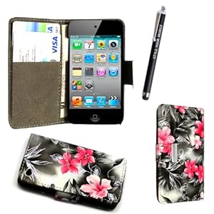 APPLE IPOD TOUCH 4 4TH GEN PINK FLOWER DARK GREY CARD POCKET/MONEY MAGNETIC BOOK FLIP PU LEATHER CASE COVER POUCH + SCREEN PROTECTOR +STYLUS