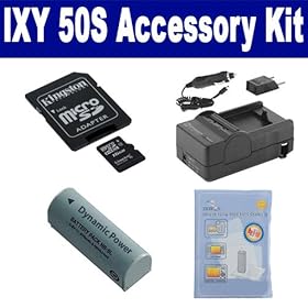 Canon IXY 50S Digital Camera Accessory Kit includes: SDNB9L Battery, SDM-1534 Charger, SDC4/16GB Memory Card, ZELCKSG Care & Cleaning
