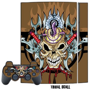 Protective Skin Decal Cover for Playstation 3 Console + two PS3 Controllers Sticker- Tribal Skull
