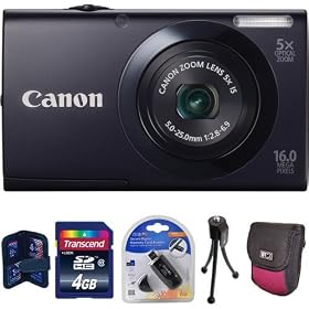 Canon PowerShot A3400 IS Digital Camera (Black) with 3.0 Wide Touch Panel LCD + Transcend 4 GB Class 10 Memory Card, Card Reader, Nice Fitted Case, Table Tripod, Memory Card Wallet.