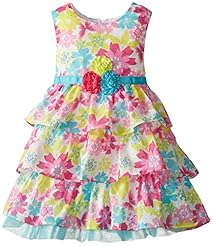 Girls Shirred Tiered  Cotton Floral Print Dots Print  Dress With Ruffles