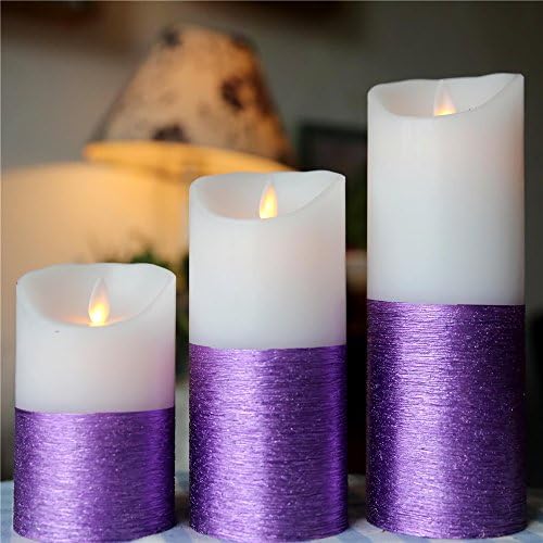 Remote Included 3 Pieces Set Moving Flame Wick Candle with Timer, Real Wax Pillar Candle in 3 Sizes (purple)