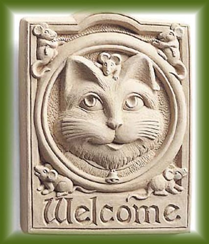 Cast Stone WELCOME KITTEN CAT Wall Plaque MOUSE Garden Feline Concrete Sculpture