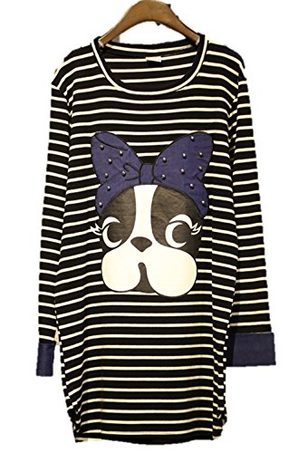 ワンピース 2色 ブルドッグ アニマルプリント 犬好きさん ストライプ柄 ボーダー ラウンドネックネック コットンワンピース ロングTシャツワンピ ゆったり 長袖 カジュアル 秋冬 クマのぬいぐるみ付き K-1603