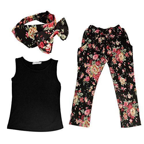Lystaii Clothing Sets Girls Outfit 3pcs Shirts Tops + Floral Pants Set + Headband