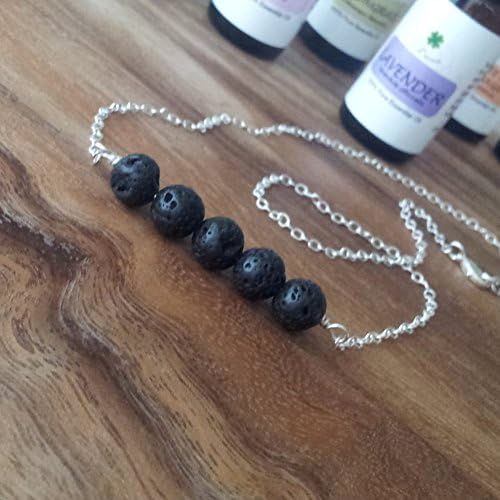 Black Lava Stone Beaded Bar Aromatherapy Diffuser Necklace and Ylang Ylang Essential Oil Jewelry Gift Set (silver-plated-base)