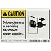 Brady 86841,  Equipment/Oem Labels, 3 1/2" Height x 5" Width, Black/Yellow on White, Legend "Before Cleaning Or Servicing Disconnect Power Supplies."  (5 per Package)