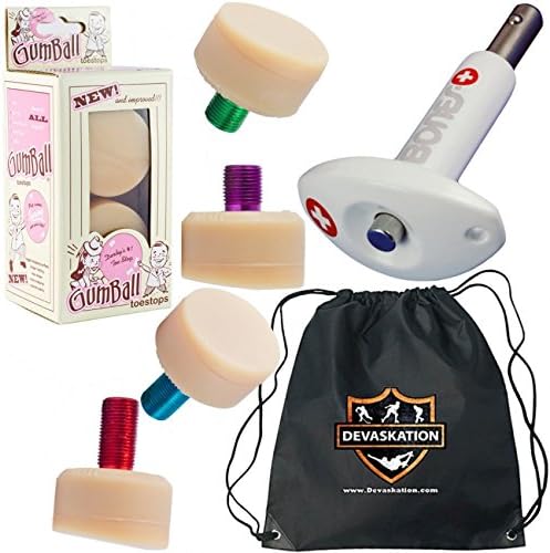 Gumball Colored Stem Toe Stops with Roller Bones Bearing Tool and Devaskation Drawstring Bag (Standard Stem)