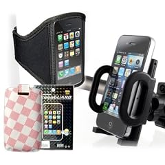 IPhone 4 / 4S Zubeh�r Set (4 Teile), Handy Halterung f�r Ihr Fahrrad oder Motorrad + Praktische Armtasche zum Jogging und Sport + Schlichte Wei� Rote Tasche mit Karomuster + kostenlose Schutzfolie (klar) - Marke Incutex
