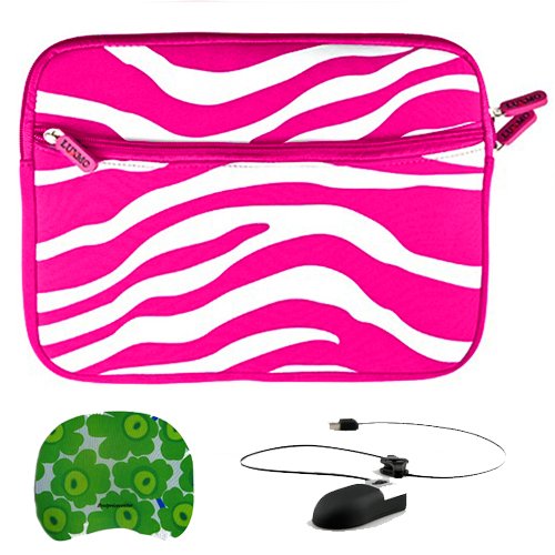 Magenta Zebra Design Neoprene Protective Sleeve Cover Carrying Case with Exterior Accessory Pocket for any 10.1 inch Laptop, Netbook, or Portable DVD Player + Naztech USB Mini Mouse with Retractable Cord for Laptop and Desktop + Bestpricecenter Mouse Pad