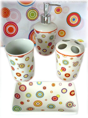 5pc Retro Bath Bathroom Shower Curtain Accessory Set