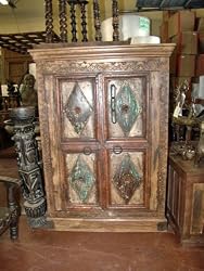 Multicolor Antique Armoire Rustic Patina Carved Teak Cabinet !!