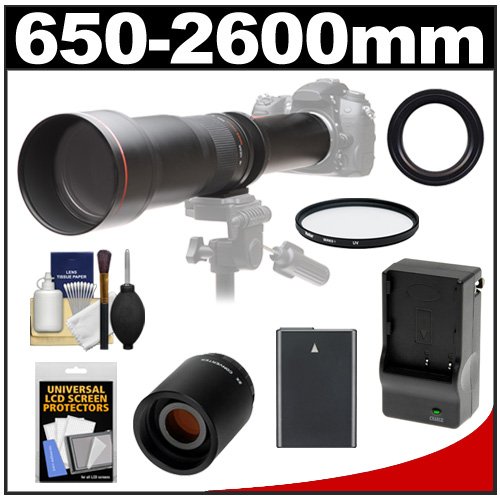 Vivitar 650-1300mm f/8-16 Telephoto Lens (Black) with 2x Teleconverter (=2600mm) + EN-EL14 Battery & Charger + Filter + Accessory Kit for Nikon D3100, D3200, D5100, D5200 Digital Cameras